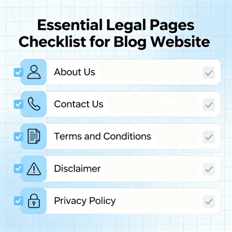 Checklist of essential legal pages for blog website including About Us, Contact Us, Terms and Conditions, Disclaimer, and Privacy Policy. Ensure your blog complies with legal requirements to build trust with visitors.